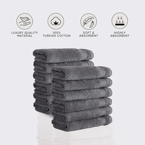 Grey Turkish Cotton Washcloths Set - 12 Pack, Soft & Highly Absorbent