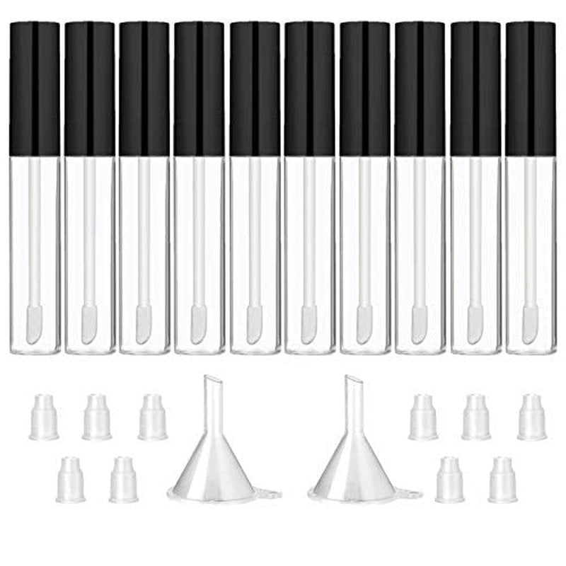 GTHER 10PCS 10ML Empty Lip Gloss Containers Tube with Wand, Refillable Lip Balm Bottles, Lipstick Sample Container and Funnel and Rubber Stoppers for Girls DIY Lip Samples, Black Top
