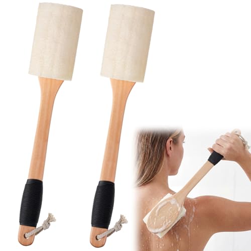 Zhehao 2 Pack Natural Loofah with Handle, Shower Loofah, Back and Body Scrubber Brush with Non Slip Silicone Grip and Hanging Rope for Wet Use Men Women Elders