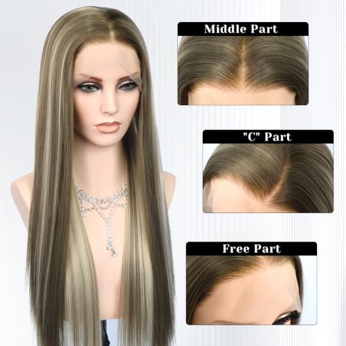 Life Diaries 26 Inch Straight Synthetic Lace Front Wig for Women Dark Brown Blonde Highlights
