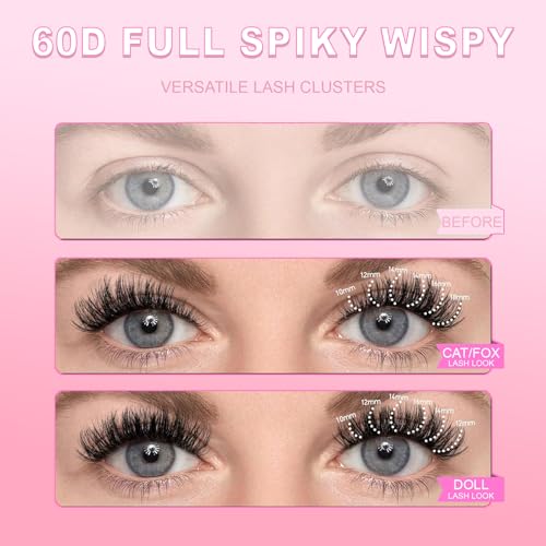 Lash Clusters Kit Mink Wispy Full Eyelash Clusters D Curly Natural Waterproof Cluster Eyelash Extensions With Lash Glue Bond and Seal and Eyelash Tweezers Luxury 60D Individual Cluster Lashes Kit