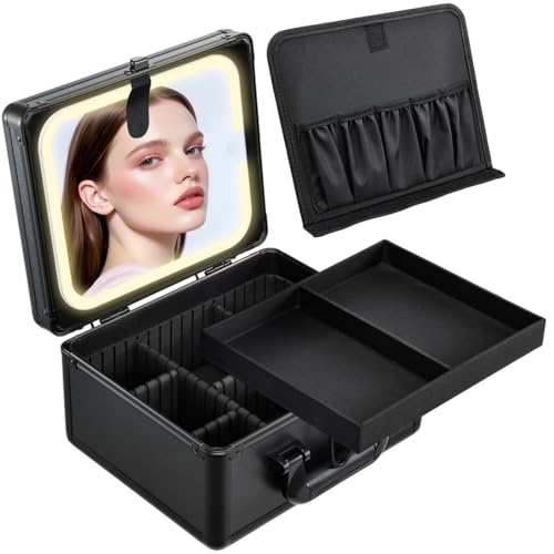Makeup Case with Lighted Vanity Mirror, Makeup Organizer Box Travel Make up Case with LED Mirror Portable Cosmetic Train Case for Countertop Lockable Makeup Suitcase with Adjustable Dividers