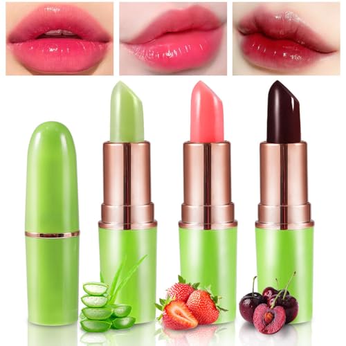 BINGBRUSH 3PCS Aloe Strawberry Cherry Color Changing Lipstick Set, Magic PH Mood Lipstick Long Lasting Moisturizing Lip Balm, Temperature Color Changing Lip Gloss,Hydrating Lip Care for Women