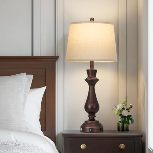 Vintage Brown Set of 2 Table Lamps with USB Charging & 3-Way Dimmable Touch for Bedroom & Living Room