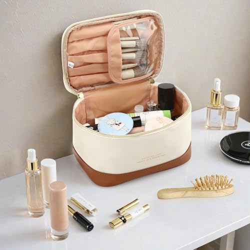 Small Makeup Bag Travel Cosmetic Bag Toiletry Zipper Pouch Make Up Organizer Bag with Handle Purse for Women Soft PU Leather Skincare Case (L01-Beige)