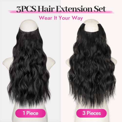 3PCS Invisible Wire & Clip-In Hair Extensions - Natural Black 22 Inch - Full Volume Set