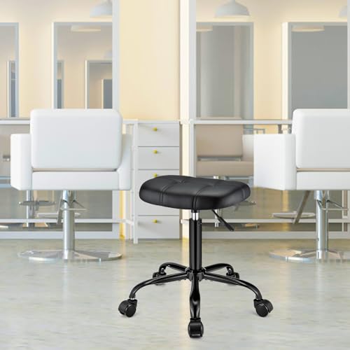 Square Rolling Stool with Wheels Height Adjustable Swivel Stool Chair for Salon Massage Spa Stable Foot Base Black