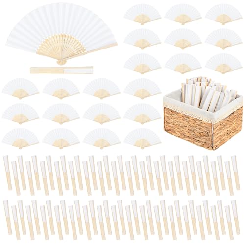 White Wedding Paper Fans Set of 100 with Storage Basket - Portable & DIY Friendly