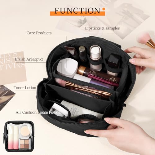 Makeup Bag for Women, Wide Open Lay-Flat Water-Resistant Cosmetic Case, Festivalment Makeup Bag, Spacious 180¡Æ Open Cosmetic Organizer for Toiletries & Brushes Large Capacity with Compartments (Black)