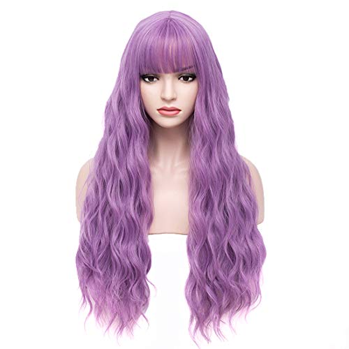 BERON 27-Inch Lavender Purple Curly Wavy Synthetic Wig with Bangs for Women