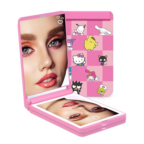 Impressions Vanity Hello Kitty and Friends Core Touchup 2.0 LED Compact Mirror for Purse, Trifold Lighted Travel Makeup Mirror with 2X Magnification, Adjustable Brightness, and Touch Control (Pink)