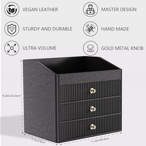 Black Vegan Leather Desk Organizer with 4 Layers and Tray - LADSTAG