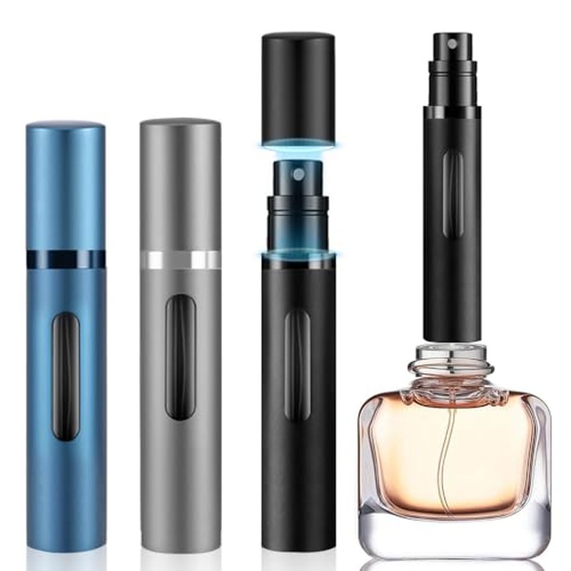 8ml Perfume Atomizer Travel Refillable,Mini Cologne Dispenser, Bottom-Filling Fragrances Perfumes Bottle,Portable Sprayer Pocket Size for Women Men Cruise Car Trip Gift 3pcs (Black-Grey-Blue)