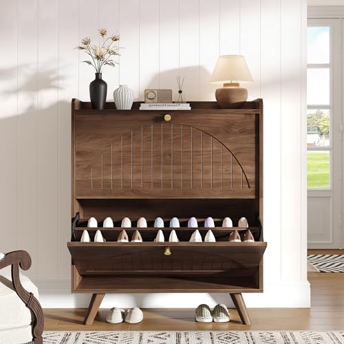 Walnut Shoe Cabinet with 2 Flip-Down Drawers and Adjustable Shelves - 37.6 Inch