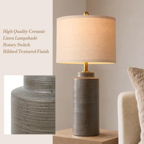 PARTPHONER 27" Greyish Brown Vintage Ceramic Table Lamp Set of 2 | Ribbed Texture, Brass Accents, Linen Shade