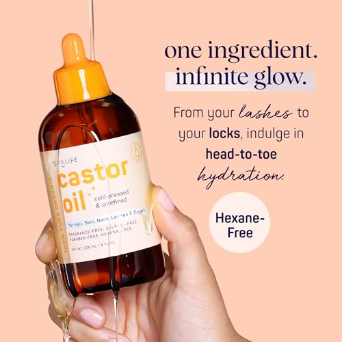 SpaLife Organic Cold Pressed Castor Oil for Face, Brows, Hair, Skin, Nails, & Lashes | Hexane Free Cold Pressed Castor Oil & 2x Brow Brushes, 2x Lash Line Applicators, and Dropper | 8 FL OZ