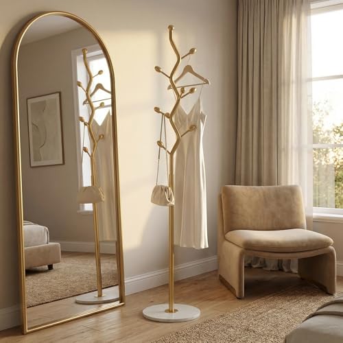 Gold Freestanding Coat Rack with Marble Base & 9 Hooks - Modern Entryway Organizer