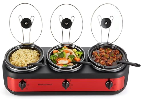 Elite Gourmet Triple Slow Cooker Buffet Set - 3 x 2.5 Qt Red with Removable Stoneware