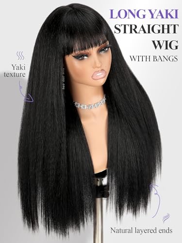 Long Yaki Straight Wig with Bangs for Black Women - Black / 26 - Glueless, Beginner Friendly Synthetic Hair