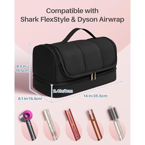 Hanging Hair Dryers Travel Case, Compatible with Dyson Airwrap and Shark FlexStyle, Water-Resistant Hair Tool Organizer Bag with Removable Divider, Makeup Cosmetic Bag, Gift for Women, Black