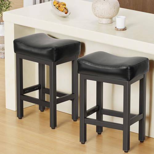 Raynesys 24 Inch Bonded Leather Counter Height Bar Stools Set of 2 - All Black, Ergonomic Saddle Seat