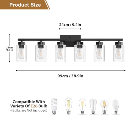 Bathroom Vanity Light Fixture - 6-Light Matte Black Wall Sconce with Clear Glass Shades
