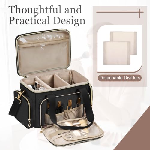 Large Travel Makeup Bag Organizer - Black, Medium Capacity, Brush Compartments