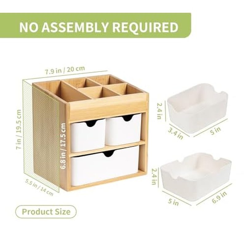 Bamboo Vanity Organizers with 3 Drawer, Mini Desk Organizer for Home, 3-tier Study/Office Organizer Rack, Adjustable 5 Compartment Makeup Display Case, Dresser Storage for Lipstick, Jewelry, Nail Care