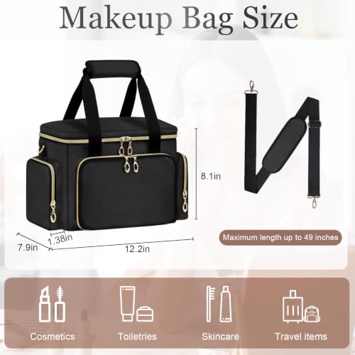 Large Travel Makeup Bag Organizer - Black, Medium Capacity, Brush Compartments