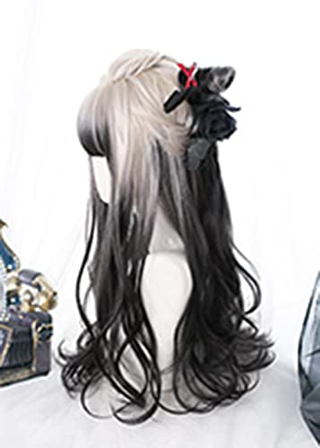 Wavy Long Black White Synthetic Hair Lifelike Daily Sweet Lolita Japanese Hot Princess Cosplay Party Natural Female Wigs with Bangs