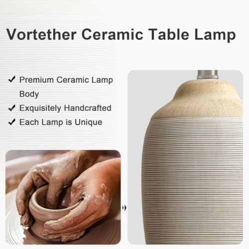 Retro Beige Ceramic Table Lamp with Pre-Attached Linen Shade - 24.5" Living Room Decor