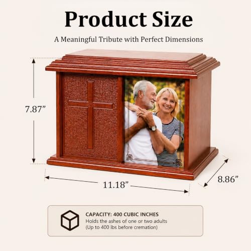 Double Companion Urn with Cross & Photo Frame - Holds Up to 400 Cubic Inches, Wooden Memorial for Husband & Wife - Variation: Cross