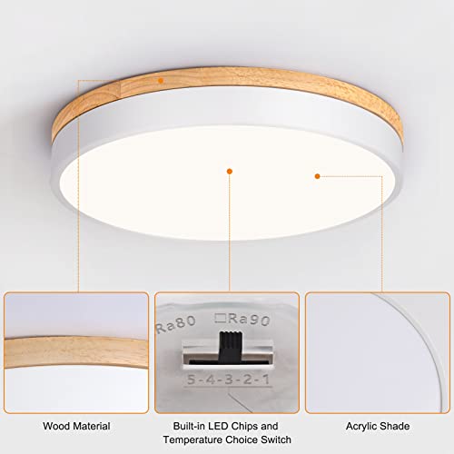 Yiisem Dimmable 15.8-inch Wooden LED Ceiling Light - White, Modern Flush Mount with Adjustable Brightness & 5 Color Temperatures