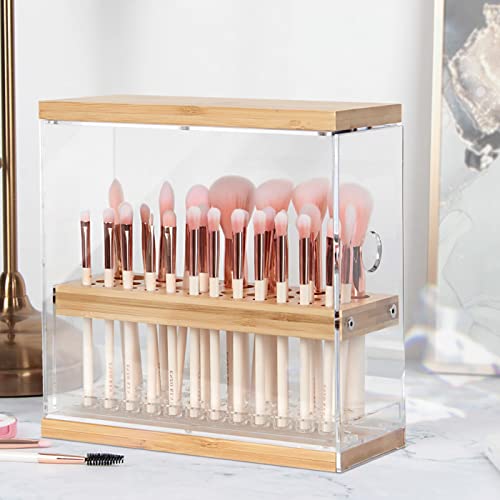 Transparent Acrylic & Bamboo Brush Holder Organizer with Leather Drawer - 31 Holes