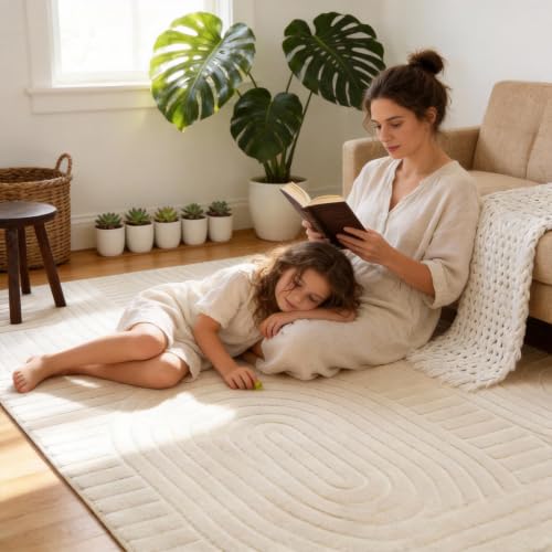 Light Beige 5x7 Geometric Washable Area Rug for Living Room - Solid Beige