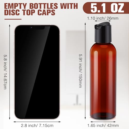30 Pack 5.1 oz Amber Plastic Travel Squeeze Bottles with Flip Cap for Liquids and Lotions