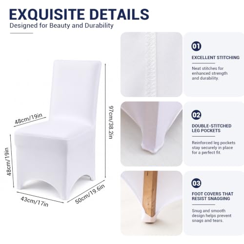 White Stretch Chair Covers 50 Pack - Reusable Wrinkle-Resistant Slipcovers for Wedding & Events - TUOTPE