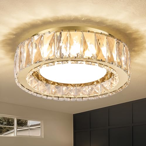 Gold 11-Inch Dimmable Crystal LED Flush Mount Ceiling Light - Modern Luxury Fixture
