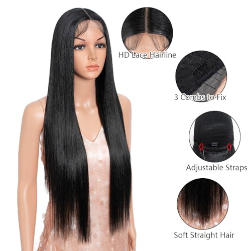 Long Straight Synthetic Wig for Women - 32 Inch Mid-Part Lace Front Black - Variation 1B