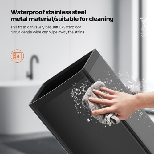 25L Stainless Steel Square Trash Can - Large Capacity Kitchen Waste Bin - Black
