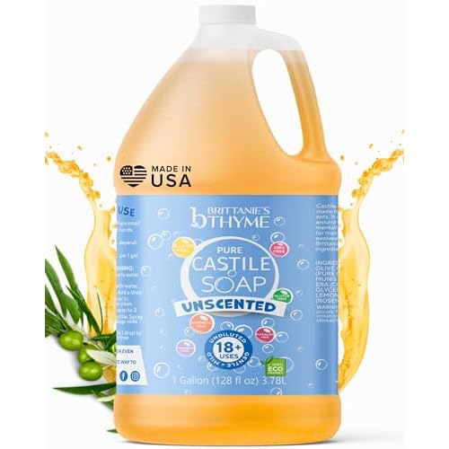 Brittanie's Pure Organic Castile Liquid Olive Oil Soap Refill, 1 Gallon Unscented | Face, Body Wash, All Purpose Cleaner, Dishes, Pets, Laundry | Vegan, Biodegradable, Made in USA