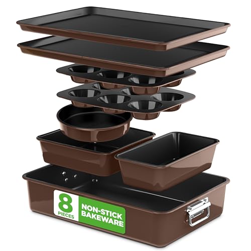 Nonstick Stackable Bakeware Set Brown 8-Piece Oven Safe Baking Tray