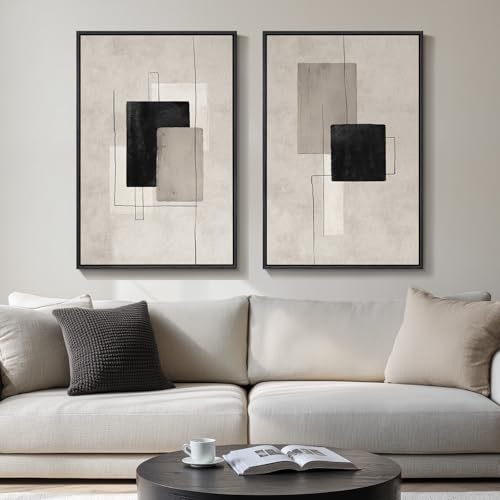 20x30 Inch Minimalist Abstract Wall Art Set of 2 - Black & Beige Framed Canvas Decor