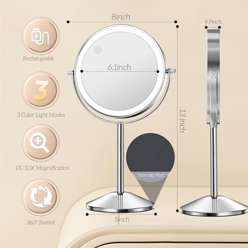 10X Lighted Makeup Mirror with Magnification 8" Stand Up Double Sided Magnifying Mirror with Lights 3 Color Brightness Adjustable Table Light up Mirror 360¡ÆSwivel Rechargable Light up Mirror