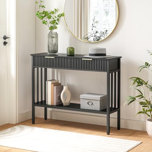 MAHANCRIS 39.4-Inch Black Fluted Console Table with 2 Drawers, Entryway Storage