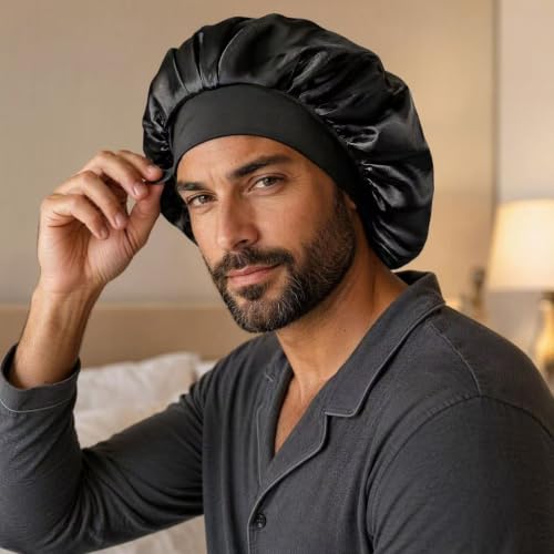 SereLune Mulberry Silk Lined Bonnet for Sleeping – Large, Black, Double Layer, Soft Elastic Band