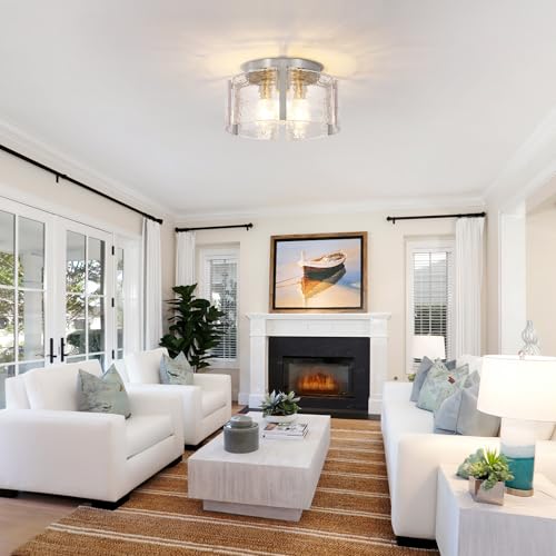 Xeruyiwa Nickel Brushed Nickel 3-Light Hammered Glass Semi-Flush Ceiling Light
