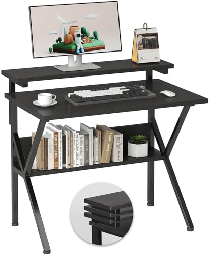 Small Computer Desk with Adjustable Monitor Stand - Black, 27.5 Inch Space Saver