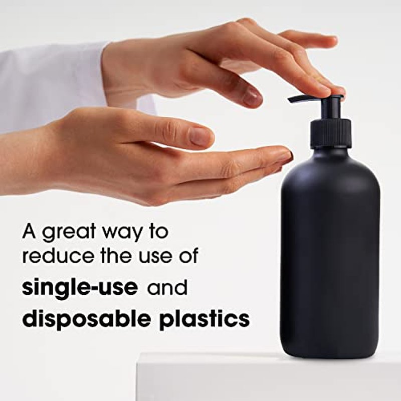 Black Boston Round Glass Bottles, 16oz | Glass Spray Bottle & Soap Dispenser | Reusable for Cleaning & More | Set of 2
