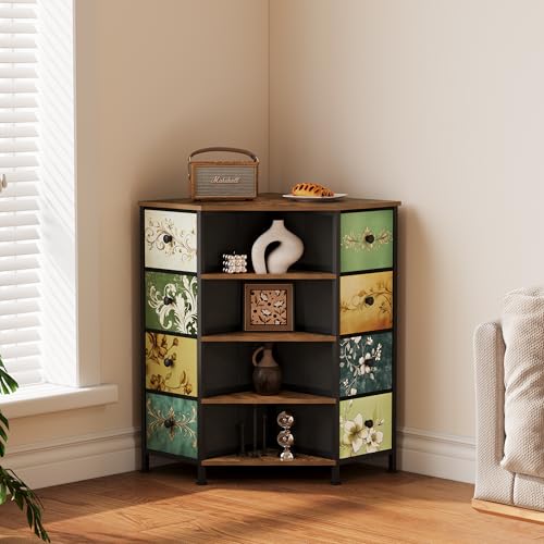 Corner Dresser with 8 Drawers & Shelves - Retro Pattern Variation